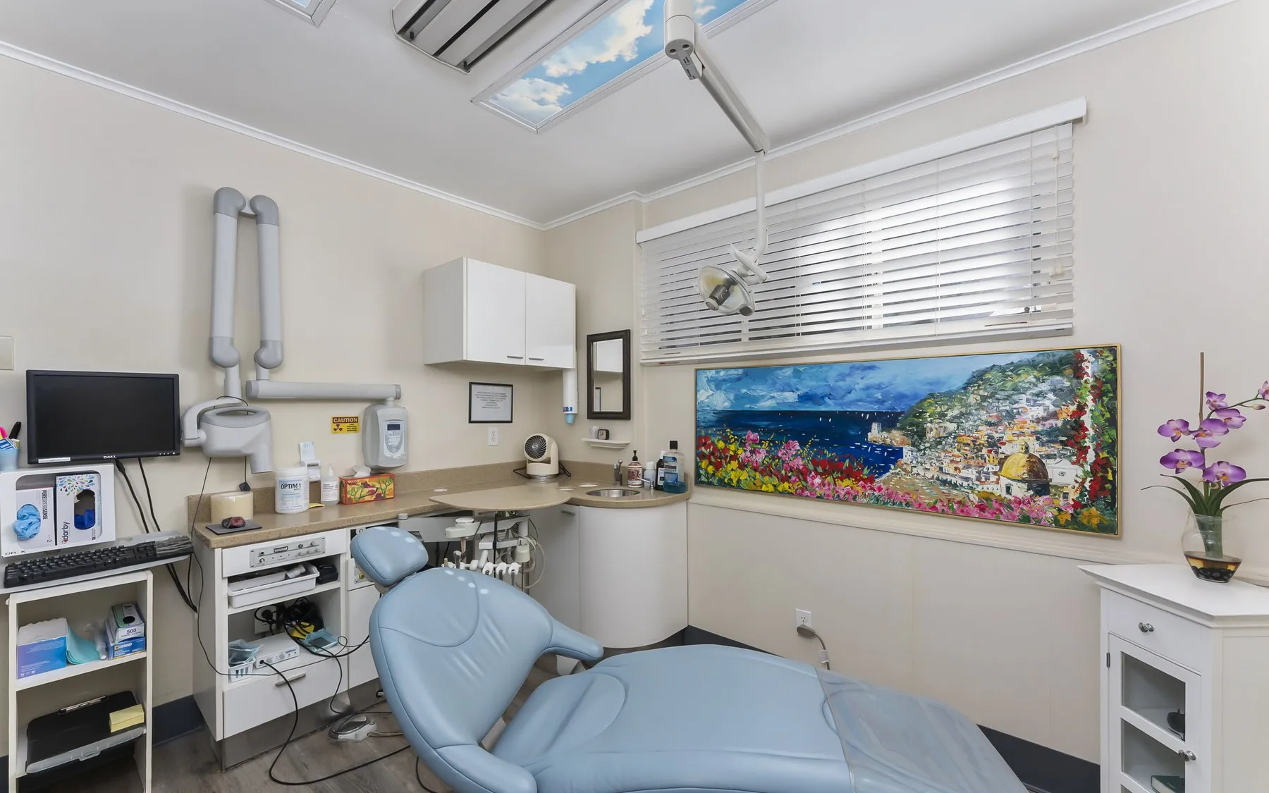 Bright, calming operatory with skylight and fresh orchids